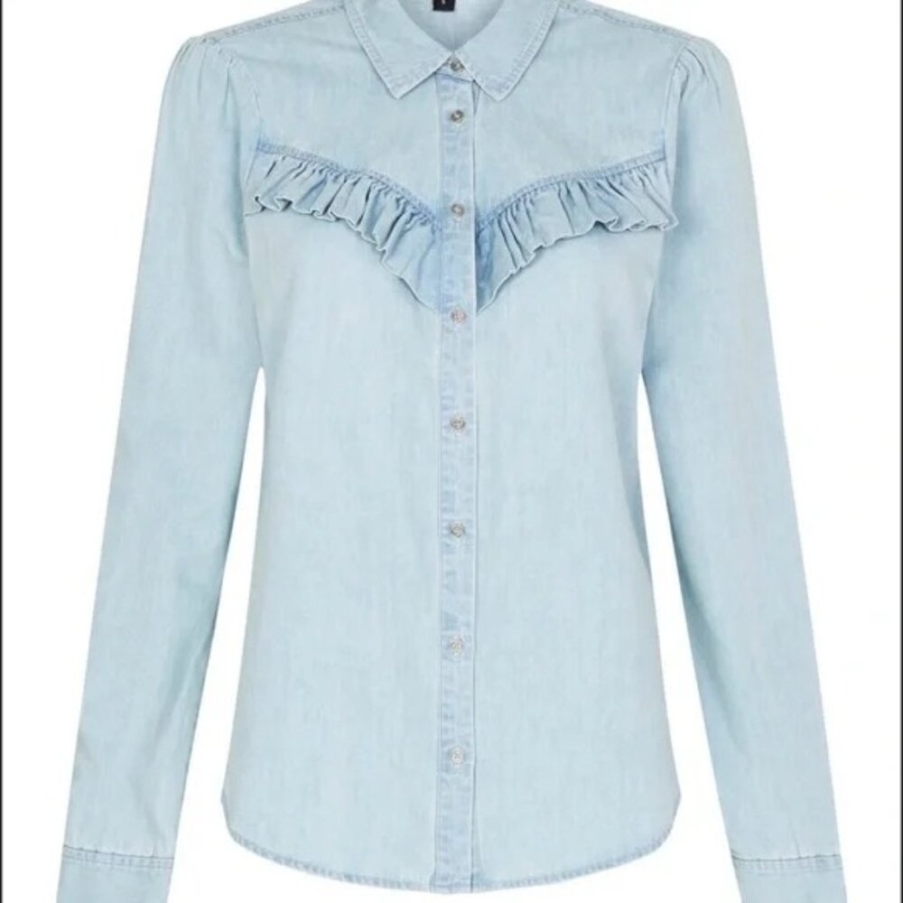 PAIGE Layda Blue Chambray Denim Ruffle Western Button Down Top - Picture 2 of 8